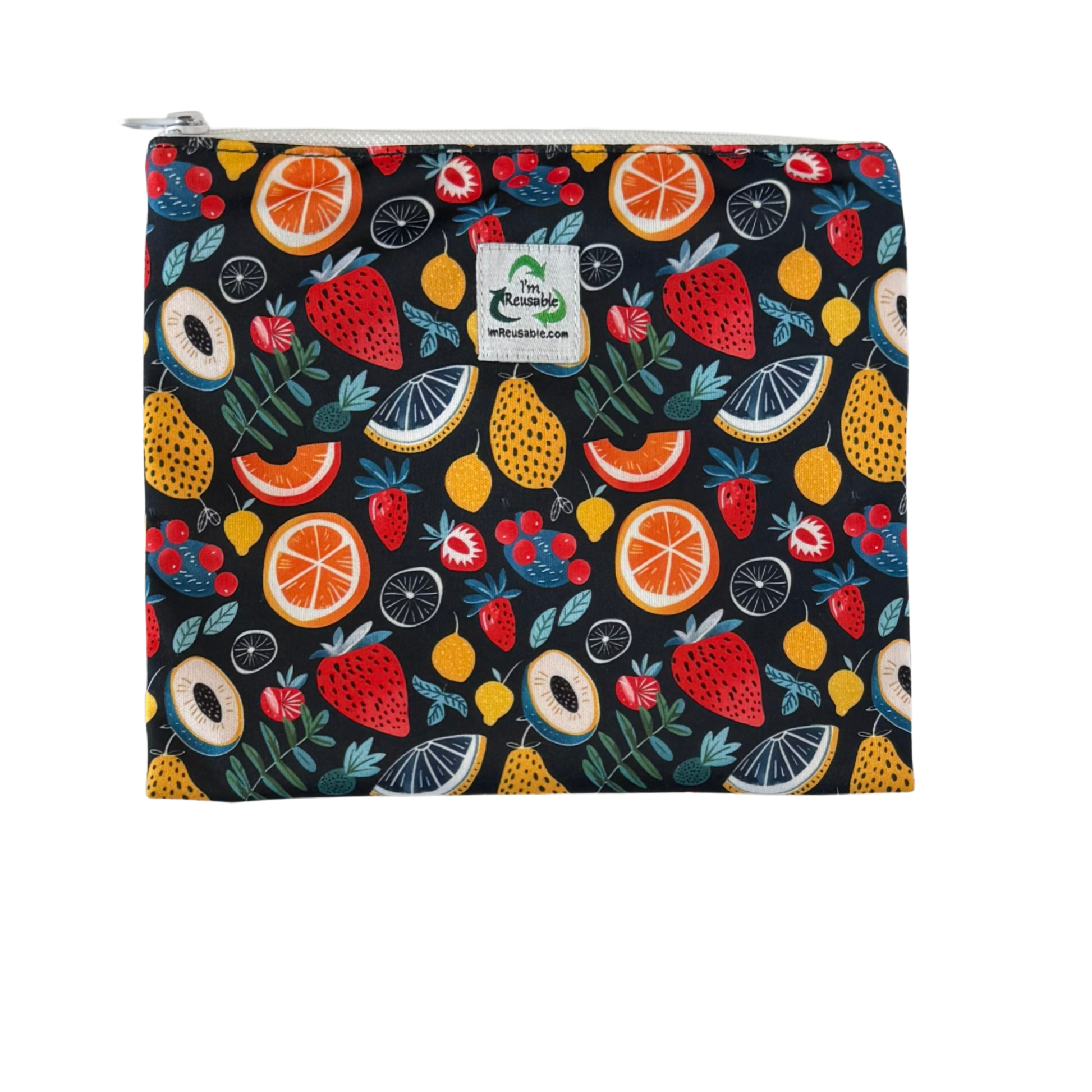 Reusable sandwich bag with colorful fruit pattern on a navy background