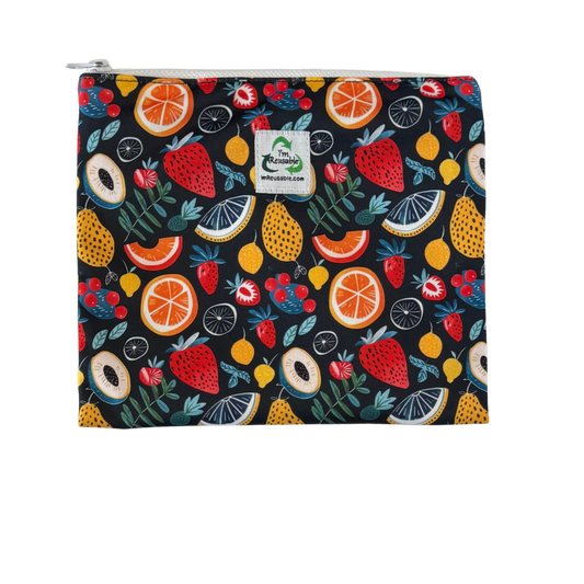 Reusable sandwich bag with colorful fruit pattern on a navy background