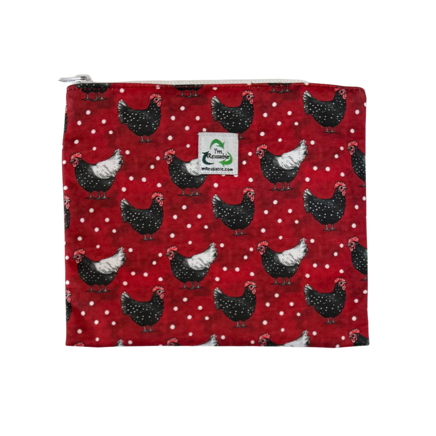 Reusable sandwich bag with chicken pattern on a red background
