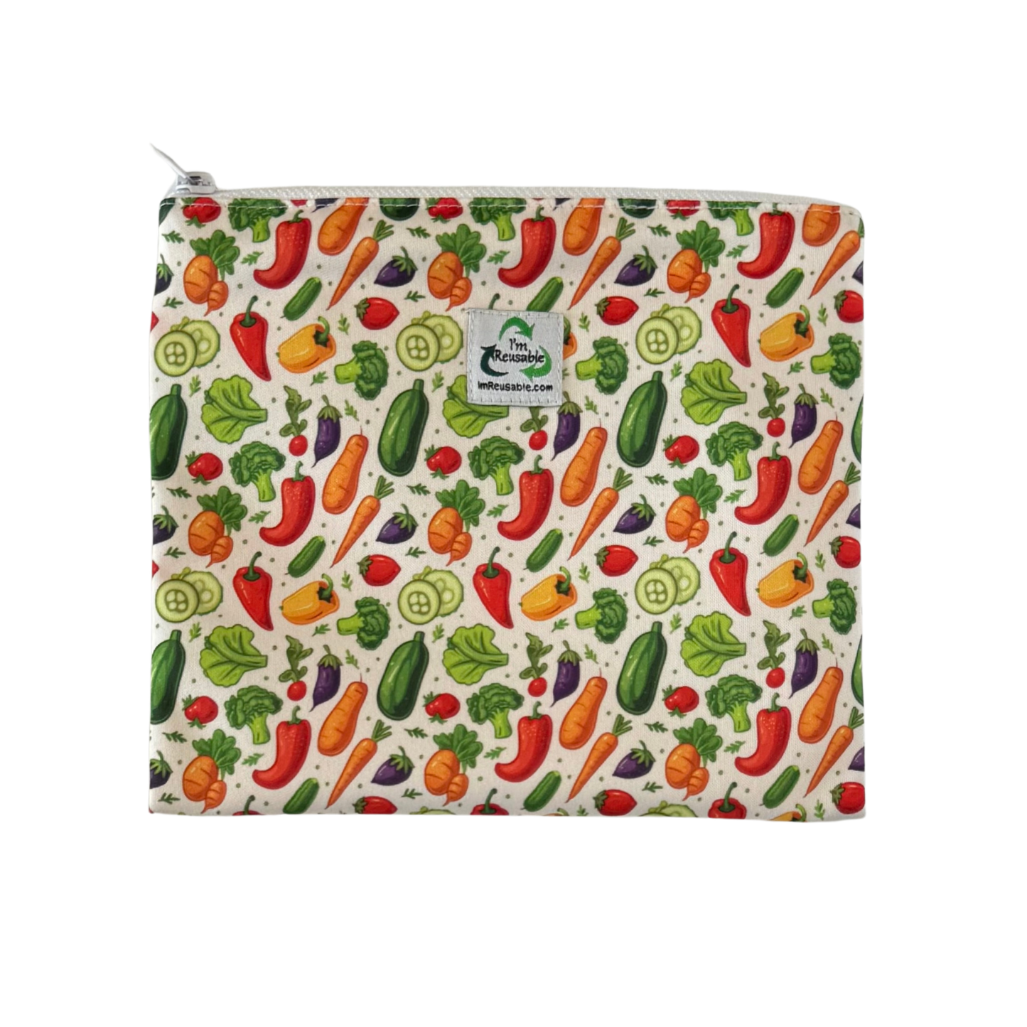Reusable sandwich bag with colorful vegetable pattern on a white background